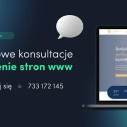 Ekran laptopa prezentujący stronę internetową firmy inwestycyjnej z hasłem 'darmowe konsultacje tworzenie stron www' na tle gradientu, obok dymek czatu.