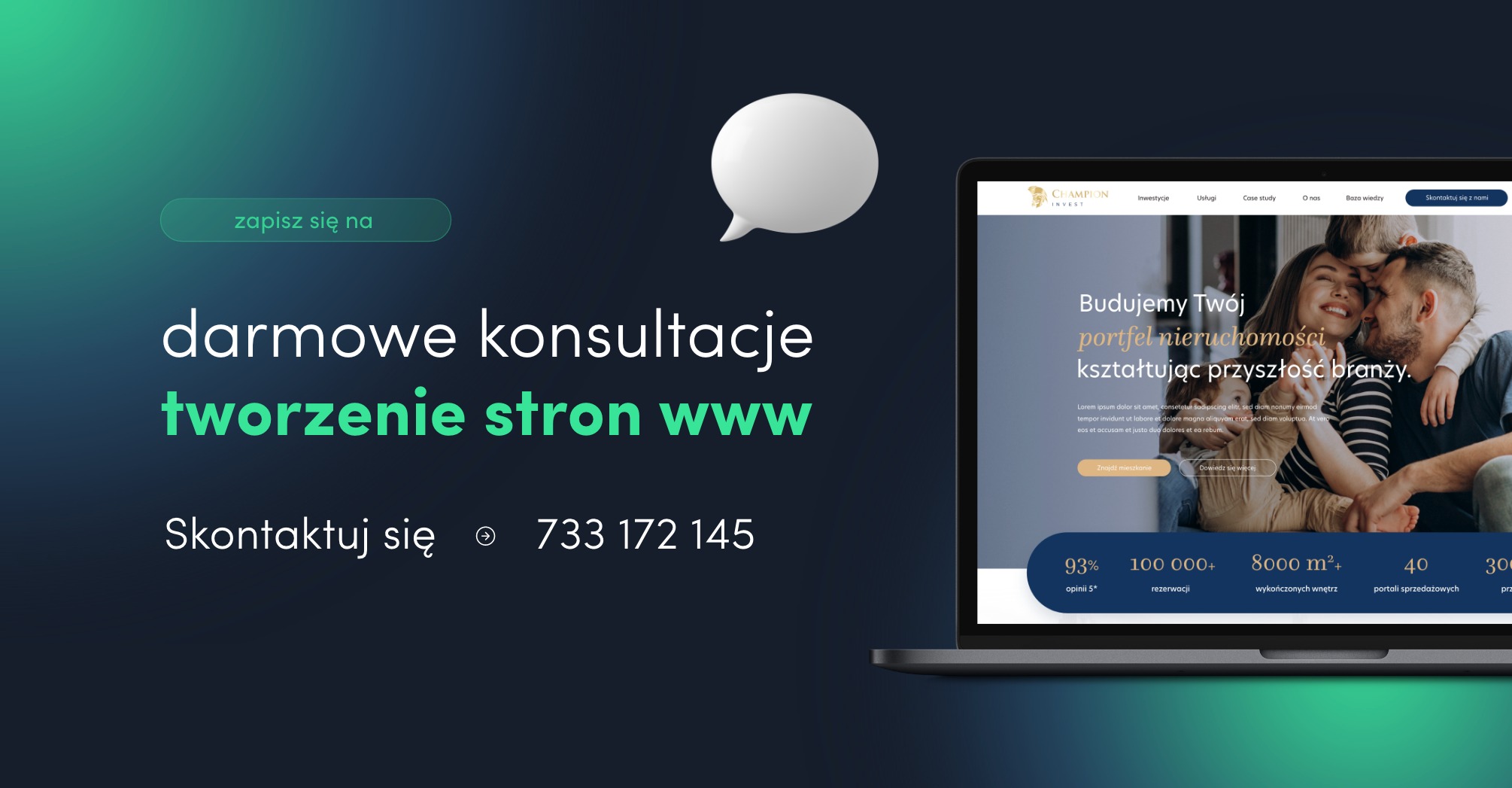 Ekran laptopa prezentujący stronę internetową firmy inwestycyjnej z hasłem 'darmowe konsultacje tworzenie stron www' na tle gradientu, obok dymek czatu.
