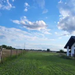 Rozległy trawnik z niską trawą, ogrodzony drewnianym płotem, z fragmentem białego domu z ciemnym dachem w tle, pod błękitnym niebem z obłokami.