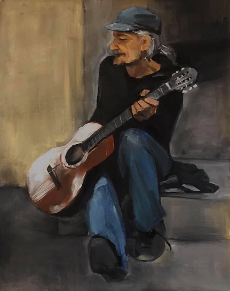 Olejny portret mężczyzny z gitarą siedzącego na schodach, w szarej czapce i ciemnym ubraniu, z widocznymi pociągnięciami pędzla i ciepłą tonacją.