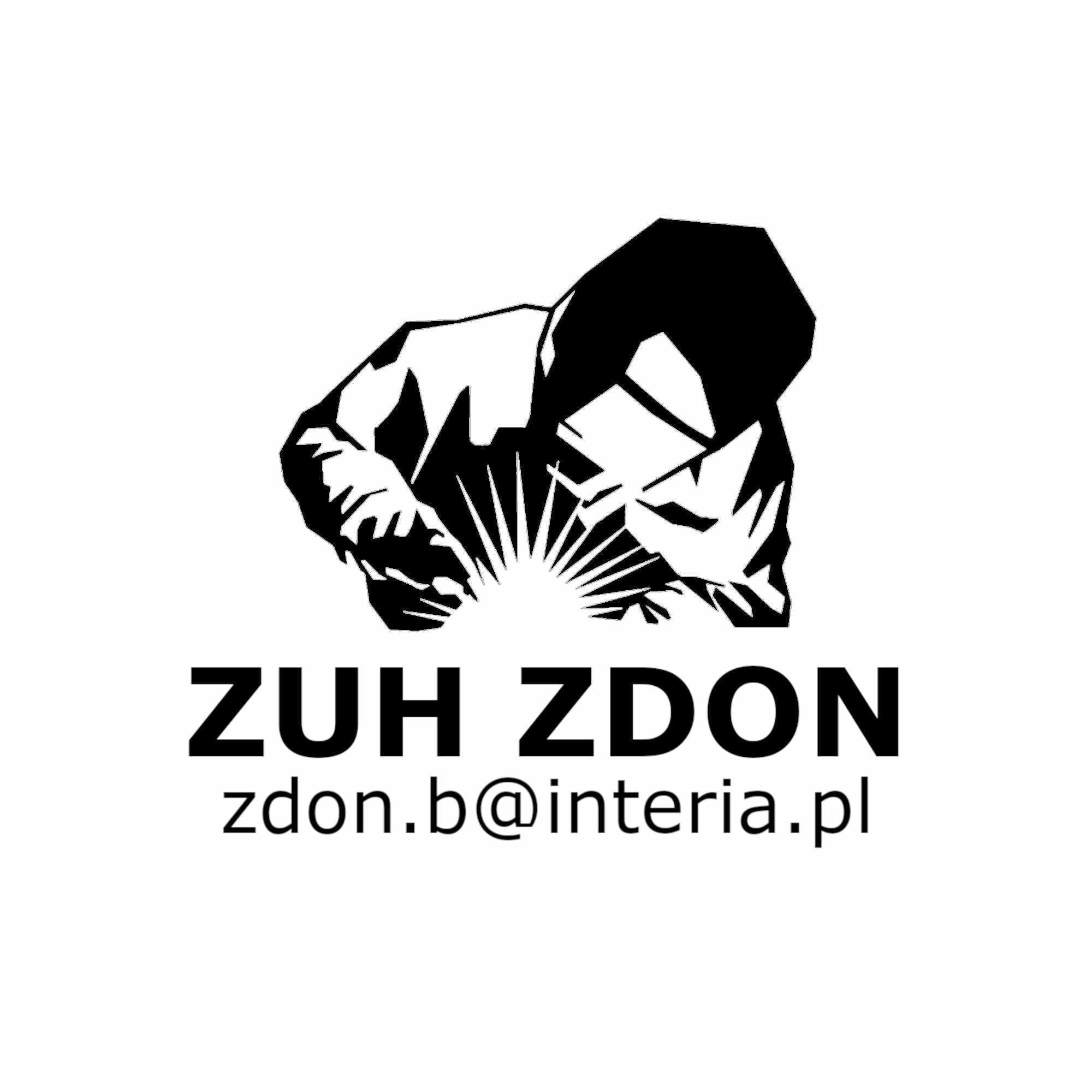 Czarno-białe logo firmy ZUH ZDON przedstawiające schematycznego spawacza w trakcie pracy, z iskrzącym spawem i adresem e-mail: zdon.b@interia.pl