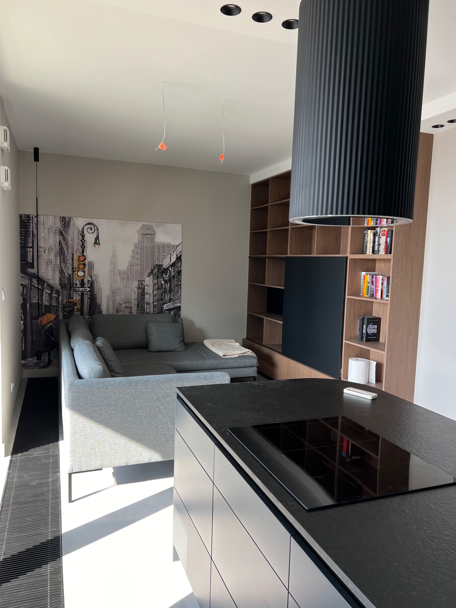 Salon z szarą sofą z obrazem miasta na ścianie, częściowo widoczna wyspa kuchenna z czarnym blatem i płytą indukcyjną, oraz regał z książkami w tle.