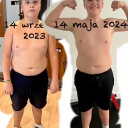 Porównanie sylwetki młodego chłopca przed i po treningu, widoczna zmiana w budowie ciała, daty 14 września 2023 i 14 maja 2024 naniesione na zdjęciu.