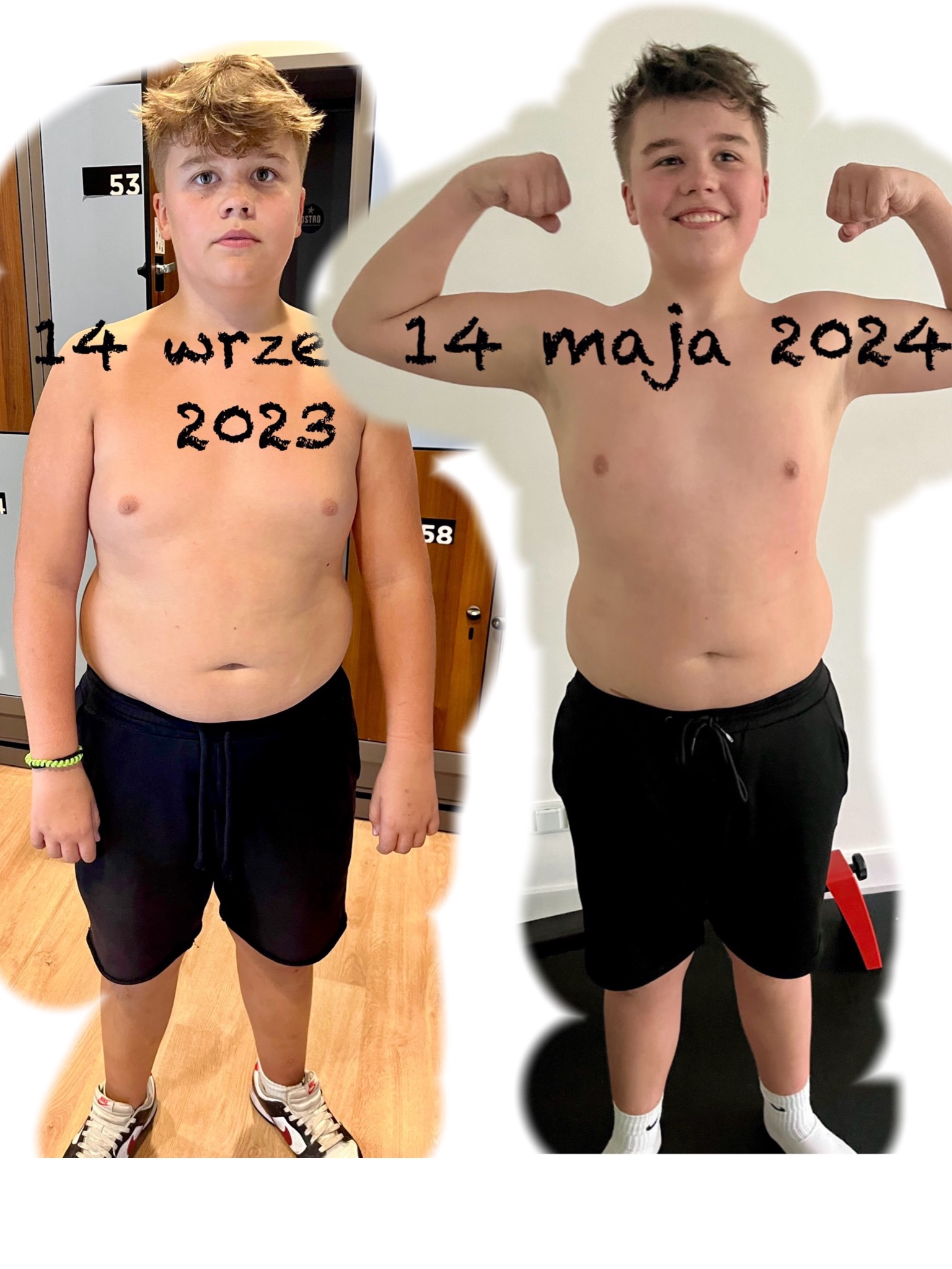 Porównanie sylwetki młodego chłopca przed i po treningu, widoczna zmiana w budowie ciała, daty 14 września 2023 i 14 maja 2024 naniesione na zdjęciu.