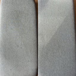 Volodymyr Rasskovskyi - Dwa szare siedziska krzeseł na drewnianej podłodze, po lewej stronie widoczne plamy przed czyszczeniem, po prawej czyste po czyszczeniu.