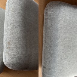 Volodymyr Rasskovskyi - Porównanie: szara poduszka krzesła z plamami (lewa strona) i ta sama poduszka po czyszczeniu (prawa strona).