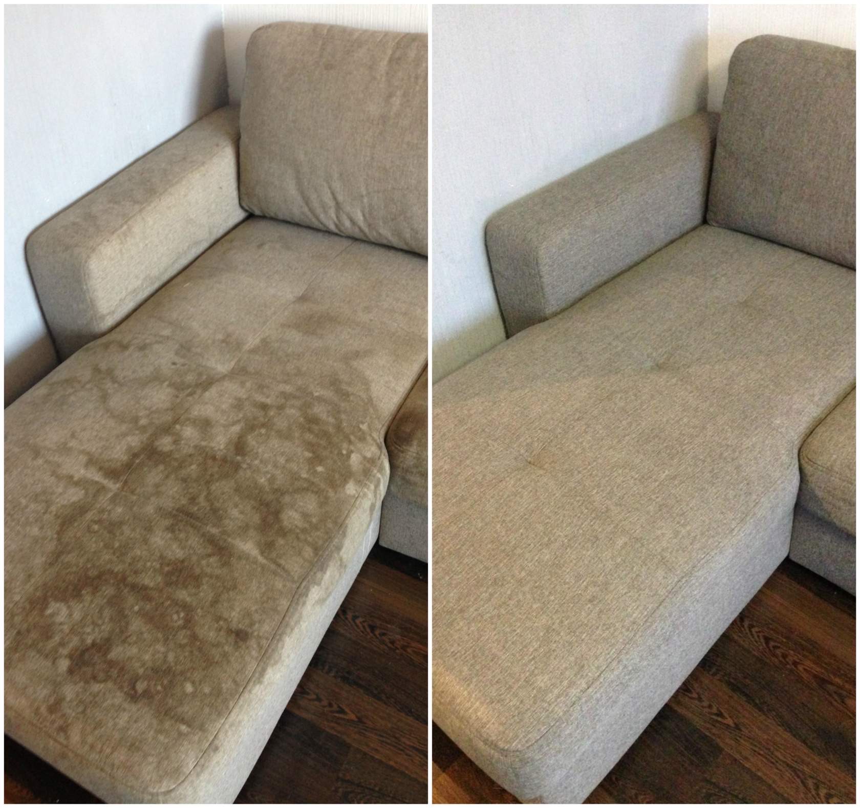 Sofa modułowa w kolorze beżowym, widok przed i po czyszczeniu. Po lewej widoczne silne zabrudzenia, po prawej czysta powierzchnia. Na dole widoczna podłoga z paneli.