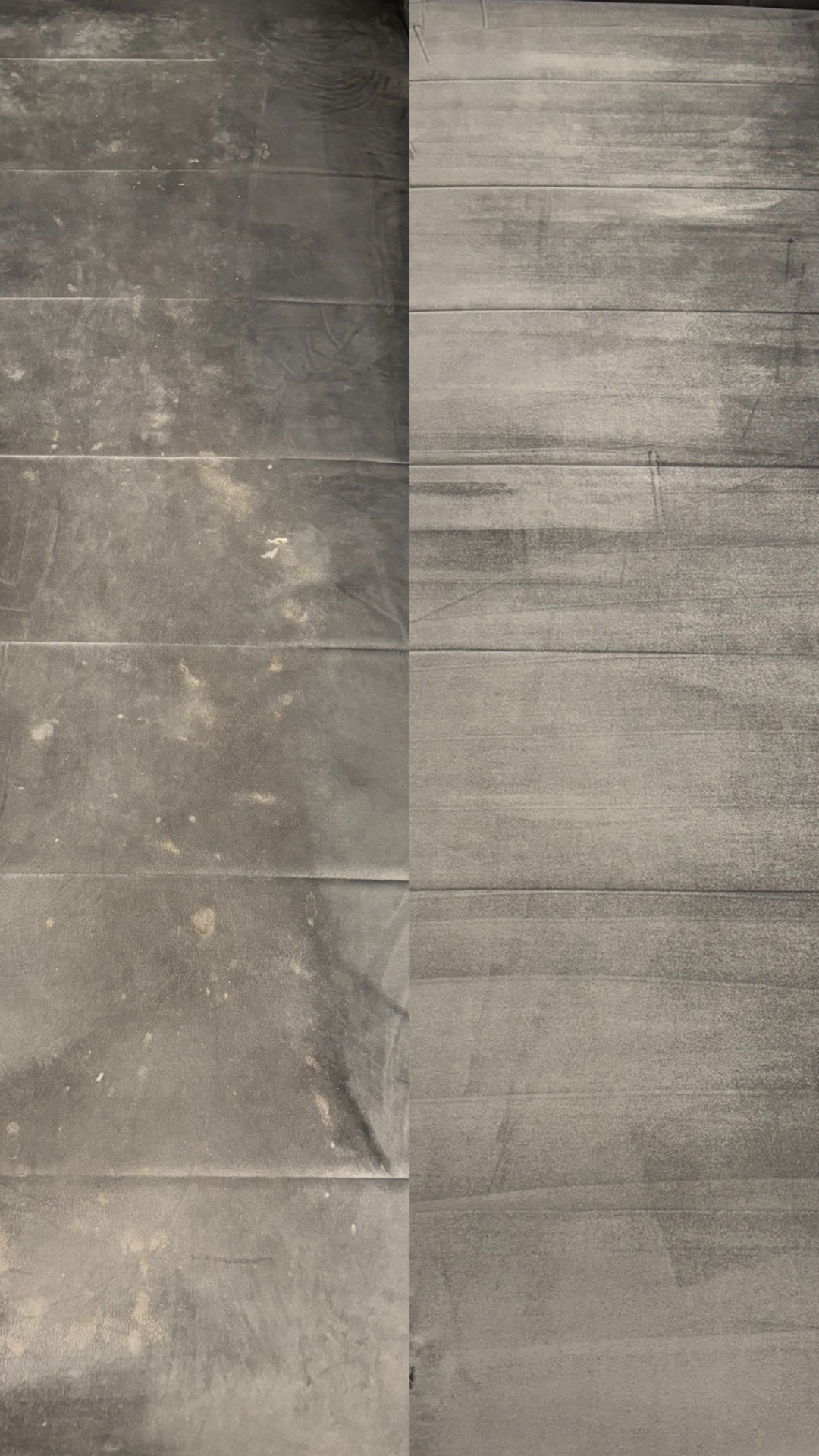 Fragment szarej powierzchni tekstylnej podzielonej na dwie części: zabrudzona po lewej i wyczyszczona po prawej, ukazująca efekt przed i po zabiegu czyszczenia.