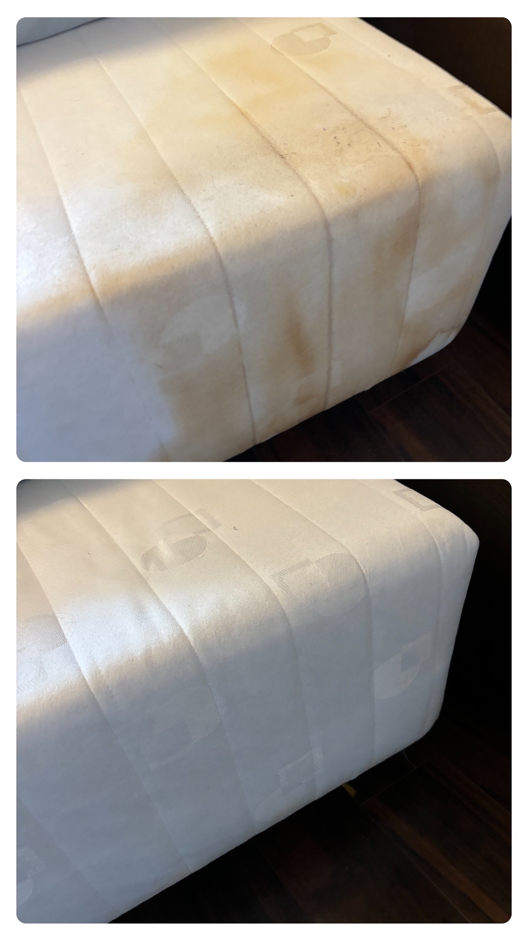 Porównanie: fragment białego materaca z wyraźnymi plamami i zabrudzeniami przed czyszczeniem, oraz ten sam fragment po profesjonalnym wyczyszczeniu, ukazujący znaczną poprawę wyglądu.