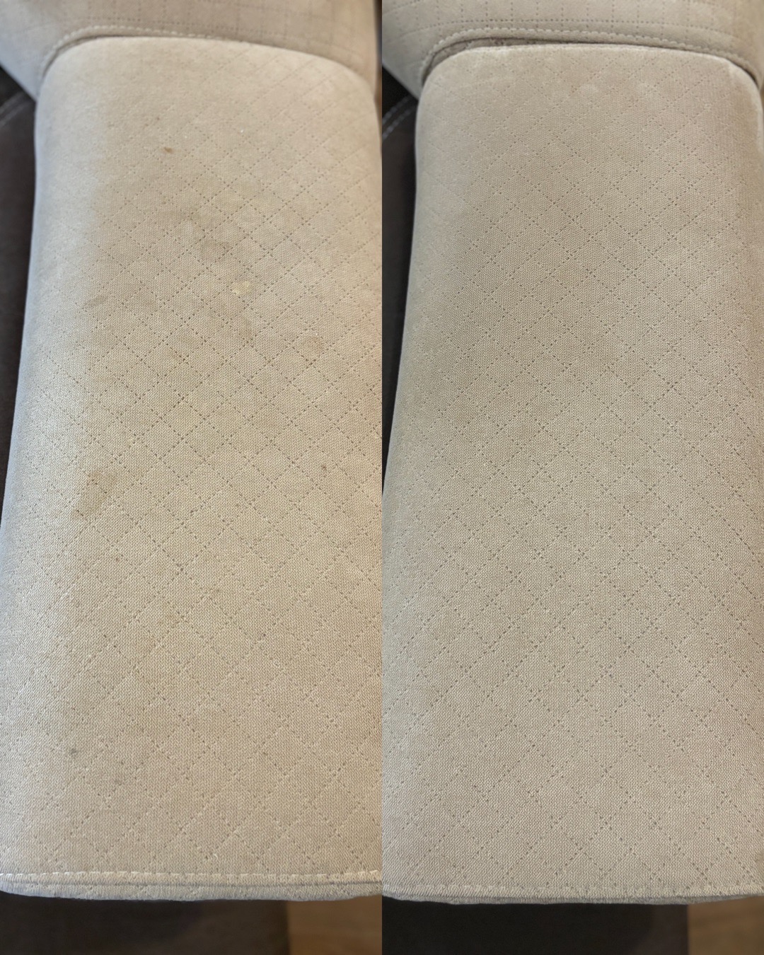 Bok kanapy z beżową tapicerką w romby, widok przed i po czyszczeniu, z wyraźną różnicą w usunięciu plam.