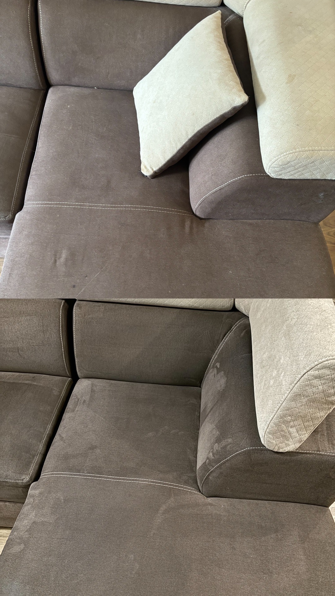 Dwuczęściowe ujęcie brązowej, narożnej kanapy z jasnymi poduszkami przed i po czyszczeniu. Na górze widoczne plamy i zabrudzenia, na dole odświeżona, czysta powierzchnia.