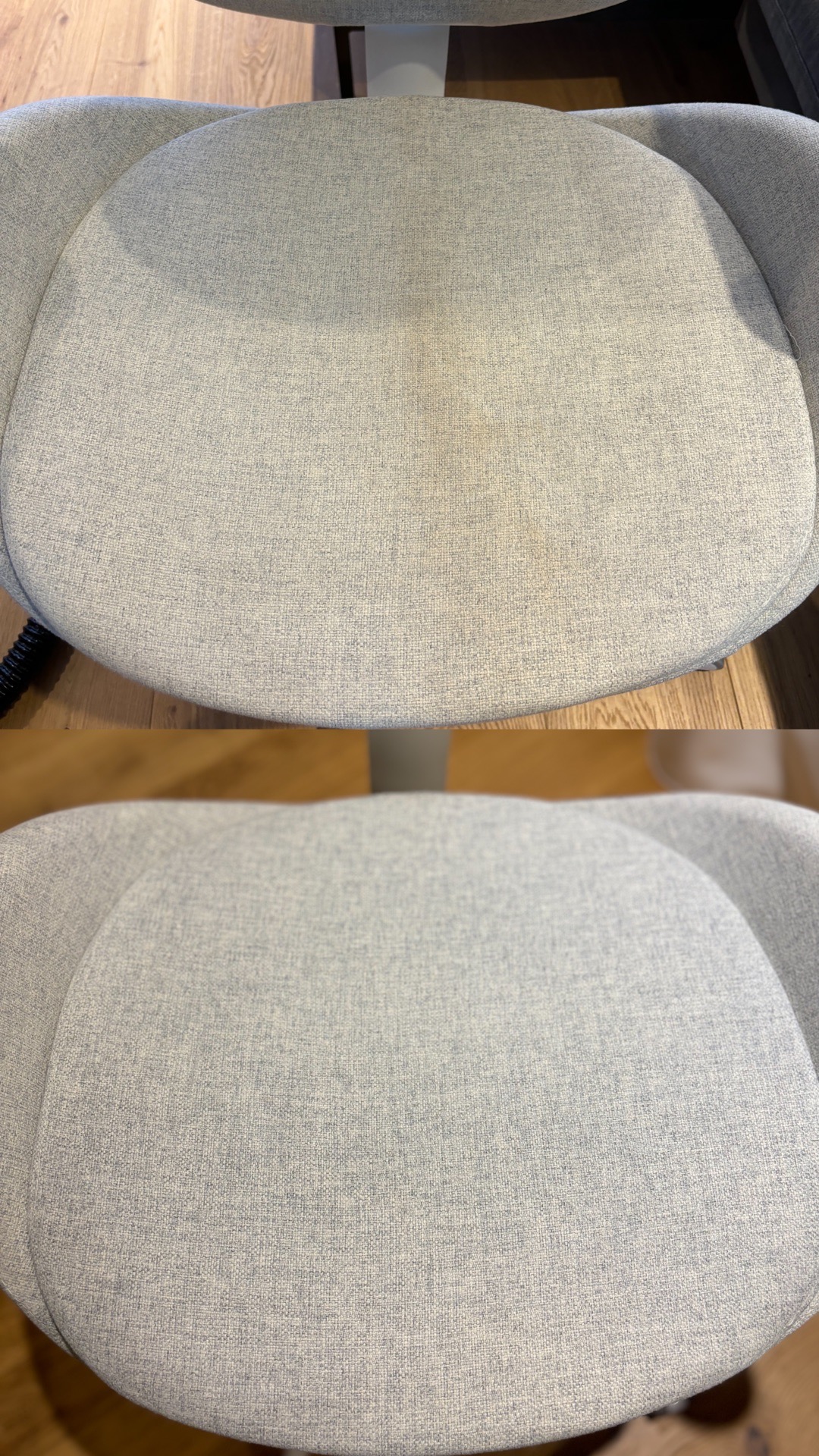 Dwa ujęcia siedziska krzesła biurowego z szarej tkaniny, widoczna plama na górnym siedzisku i czyste dolne siedzisko po czyszczeniu.