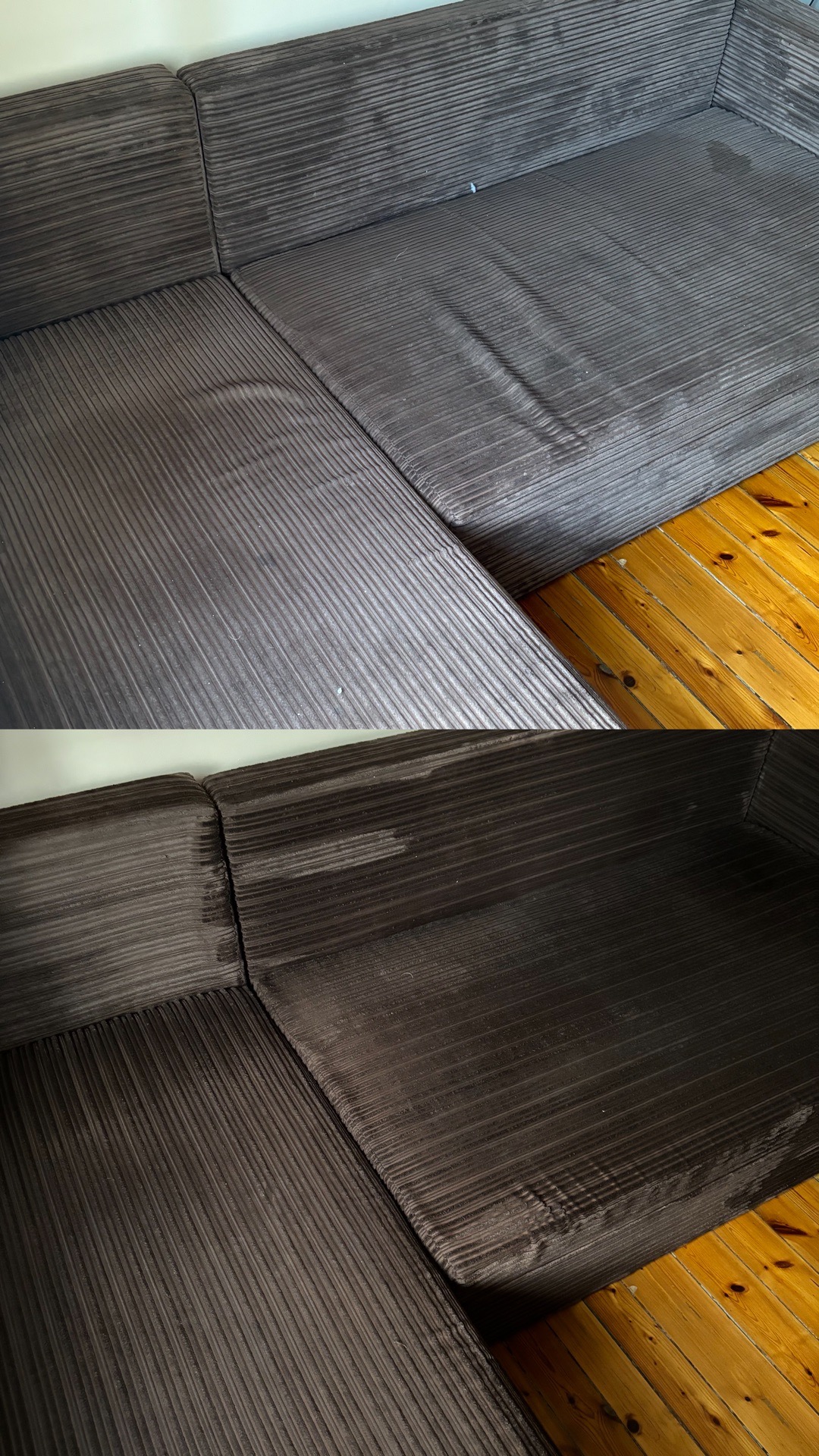 Dwuczęściowe ujęcie narożnika z brązowej, prążkowanej tkaniny, z widocznymi plamami przed i po czyszczeniu, na tle drewnianej podłogi.