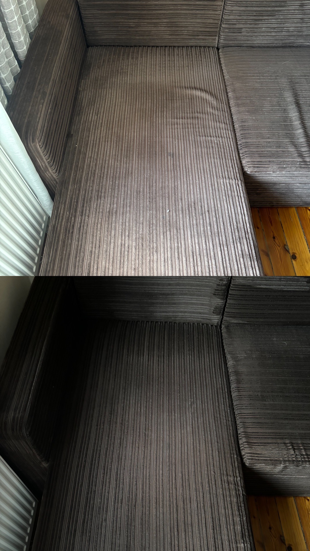 Zdjęcie przedstawia fragment brązowej kanapy z tkaniny w prążki, podzielone na dwie części: górna jaśniejsza, ukazująca stan przed czyszczeniem, z widocznymi plamami i zabrudzeniami, dolna...