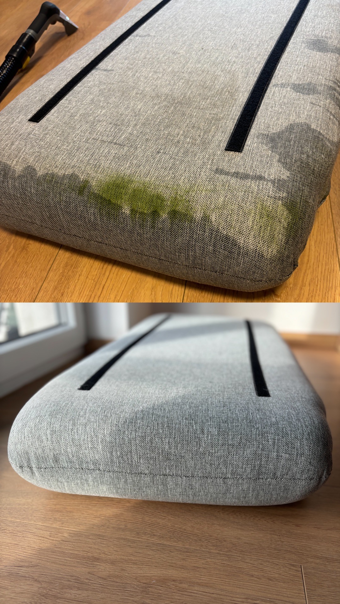 Dwuetapowe ujęcie czyszczenia szarego materaca z tkaniny: widoczny fragment zanieczyszczenia przed czyszczeniem oraz efekt po czyszczeniu, z widocznym sprzętem czyszczącym w rogu.