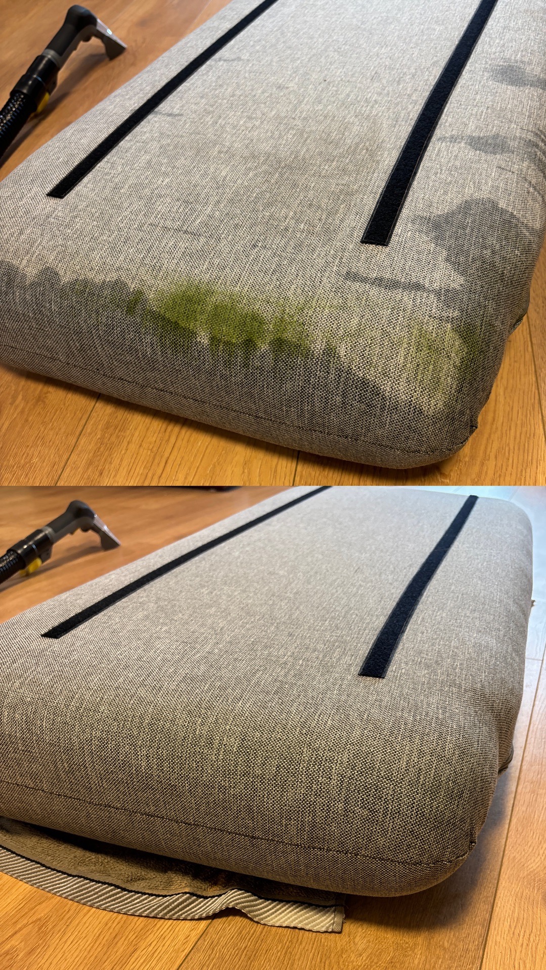 Dzielone ujęcie poduszki: górna część pokazuje zielone zabrudzenie przed czyszczeniem, dolna część prezentuje poduszkę po czyszczeniu, czystą, obok dysza odkurzacza piorącego.