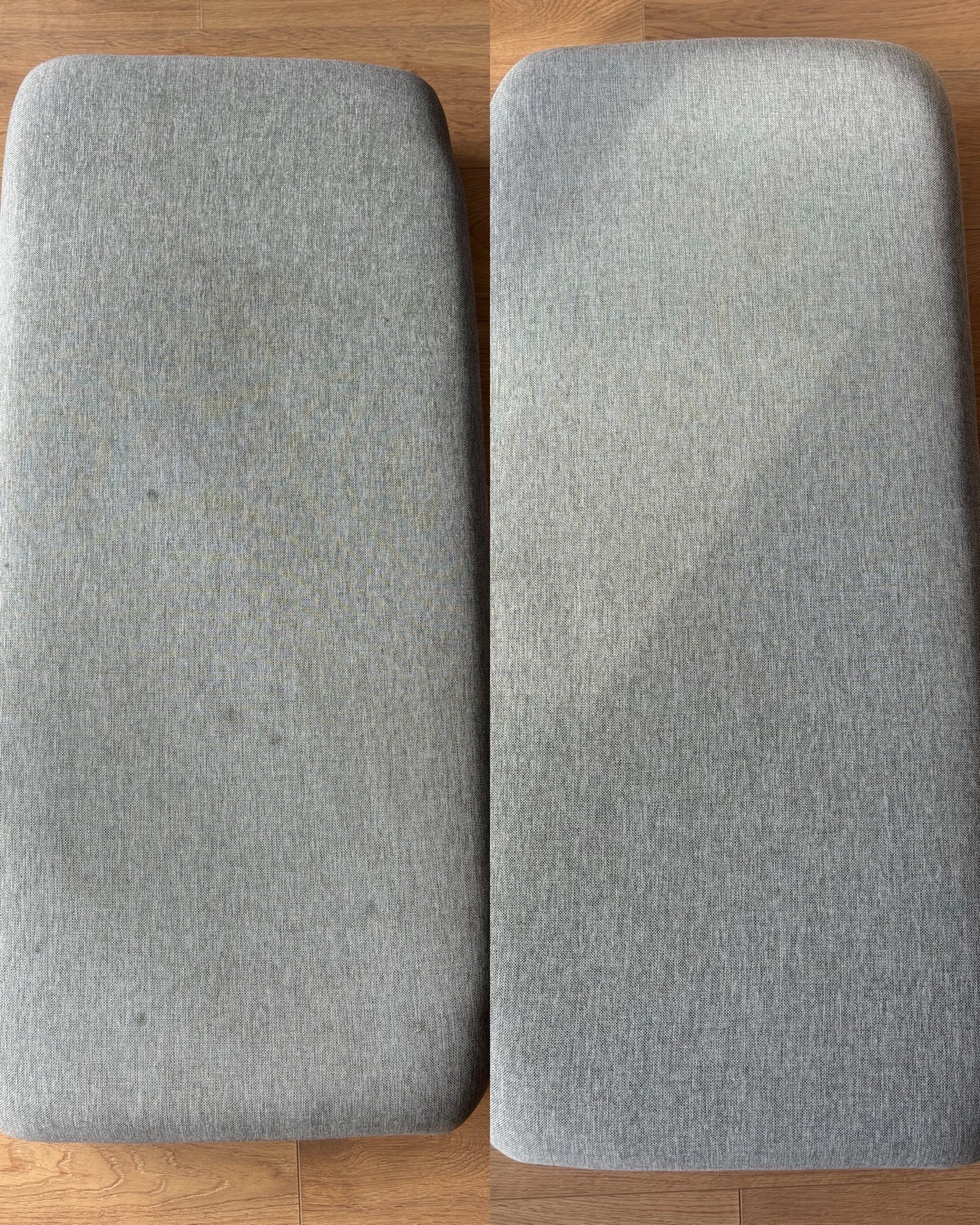 Dwa szare siedziska krzeseł na drewnianej podłodze, po lewej stronie widoczne plamy przed czyszczeniem, po prawej czyste po czyszczeniu.