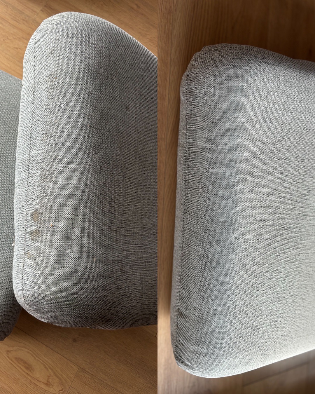 Porównanie: szara poduszka krzesła z plamami (lewa strona) i ta sama poduszka po czyszczeniu (prawa strona).
