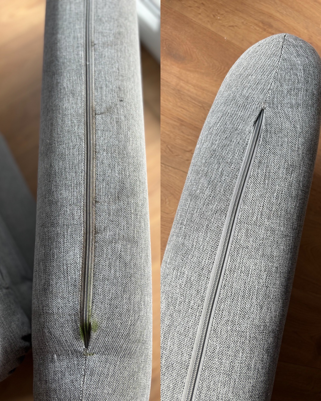 Szary podłokietnik krzesła przed i po czyszczeniu, widoczne różnice w zabrudzeniach wzdłuż zamka błyskawicznego.