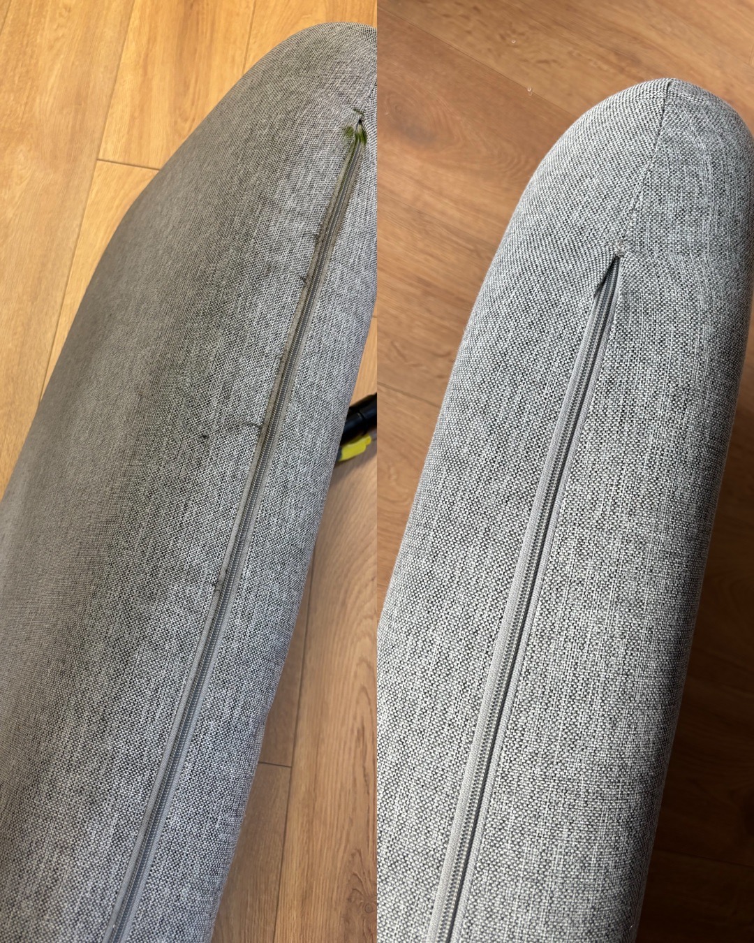 Porównanie fragmentu szarej poduszki z zamkiem błyskawicznym przed i po czyszczeniu, widoczne różnice w czystości materiału.