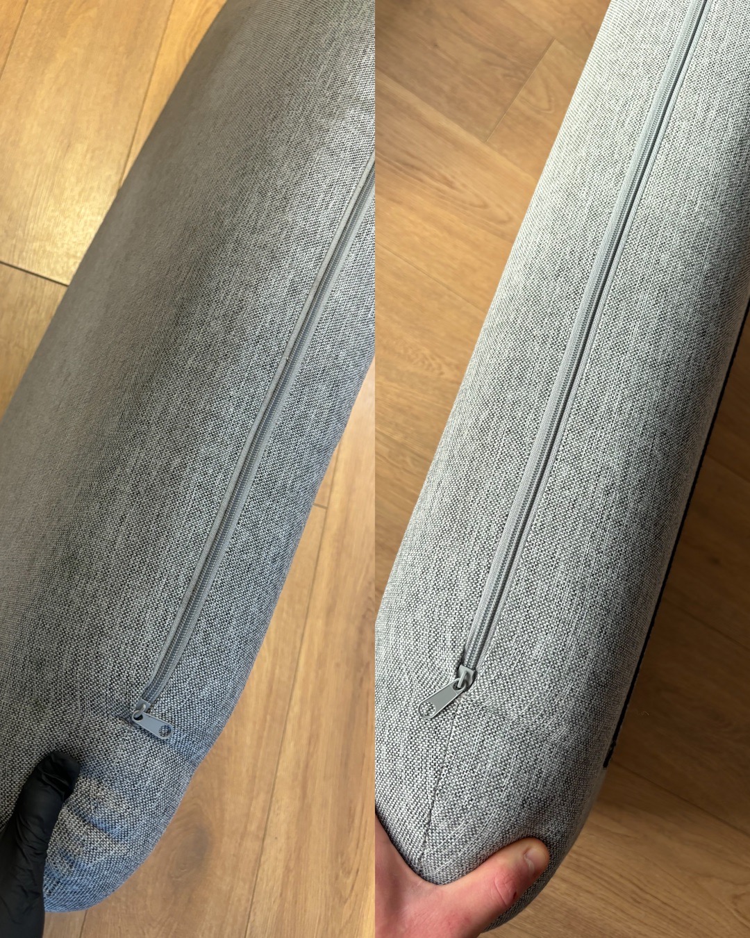 Porównanie zbliżeń na szary materac z zamkiem błyskawicznym przed i po czyszczeniu, widoczne subtelne różnice w odcieniu i strukturze tkaniny na tle drewnianej podłogi.