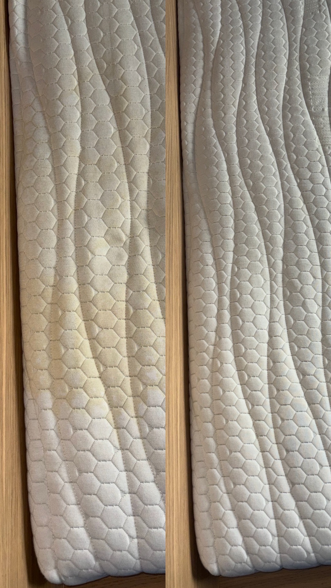 Materac z widocznym efektem prania, prezentujący różnicę przed i po czyszczeniu, wykonanym we Wrocławiu. Lewa strona z wyraźnymi plamami, prawa strona czysta, z delikatnym wzorem w fale i heksagony.