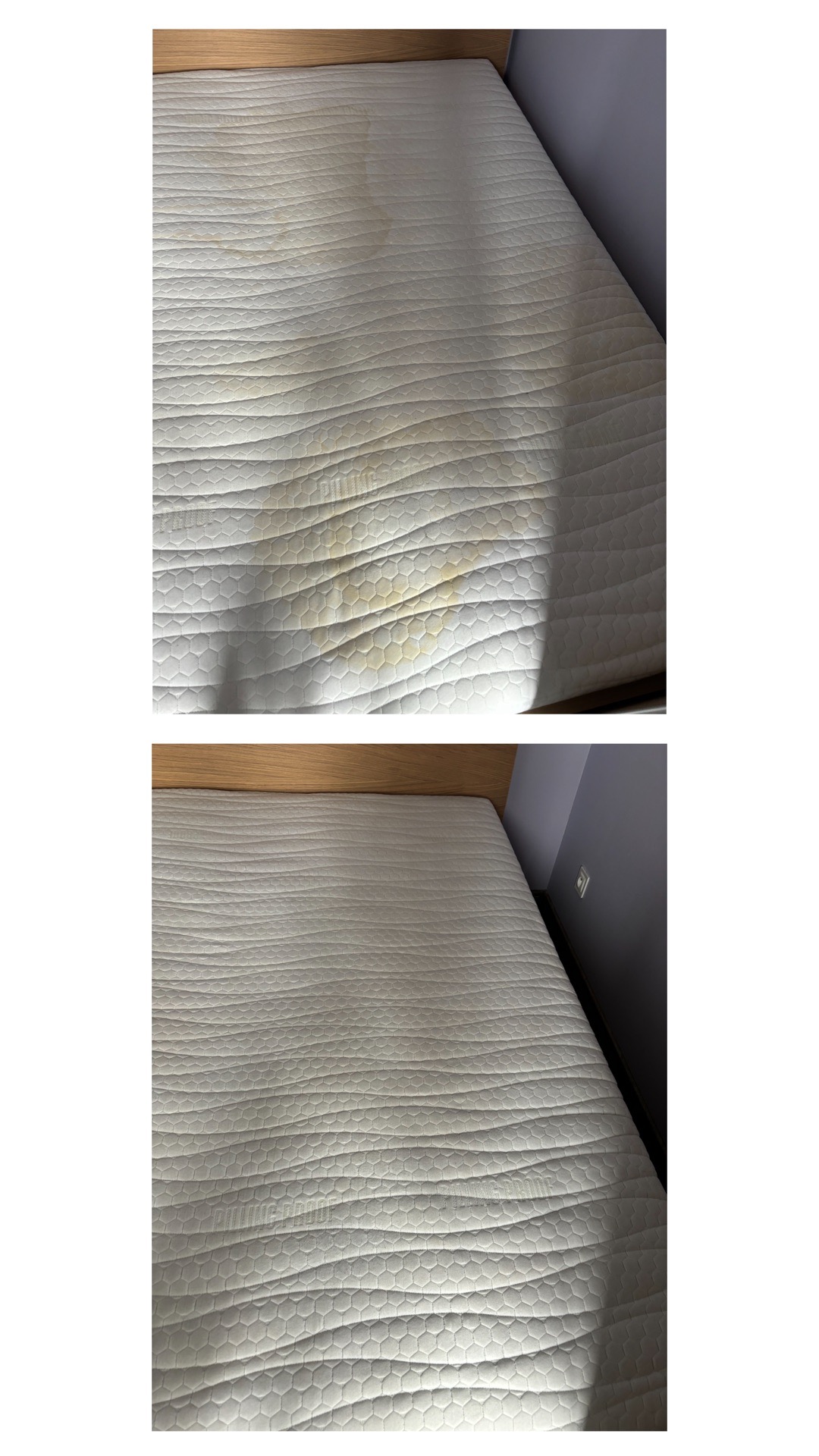 Porównanie materaca przed i po czyszczeniu: widoczne plamy na górnym zdjęciu, czysty materac na dolnym zdjęciu, wzór w heksagony.