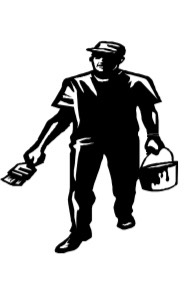 Czarno-biała ikona przedstawiająca malarza w czapce, trzymającego pędzel w jednej ręce i wiadro z farbą w drugiej.