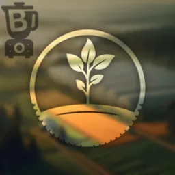 Złote logo przedstawiające roślinę wyrastającą z ziemi, umieszczone w okręgu z zębatą dolną krawędzią, na rozmytym tle krajobrazu, obok ikony blendera z literą B.