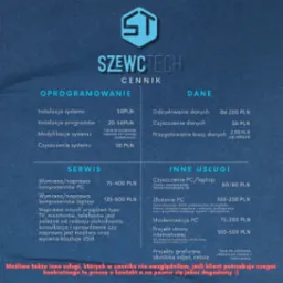 Cennik usług informatycznych firmy SzewcTech, obejmujący oprogramowanie, dane, serwis i inne usługi, z wyszczególnionymi cenami za instalację systemu, odzyskiwanie danych, naprawę komputerów...
