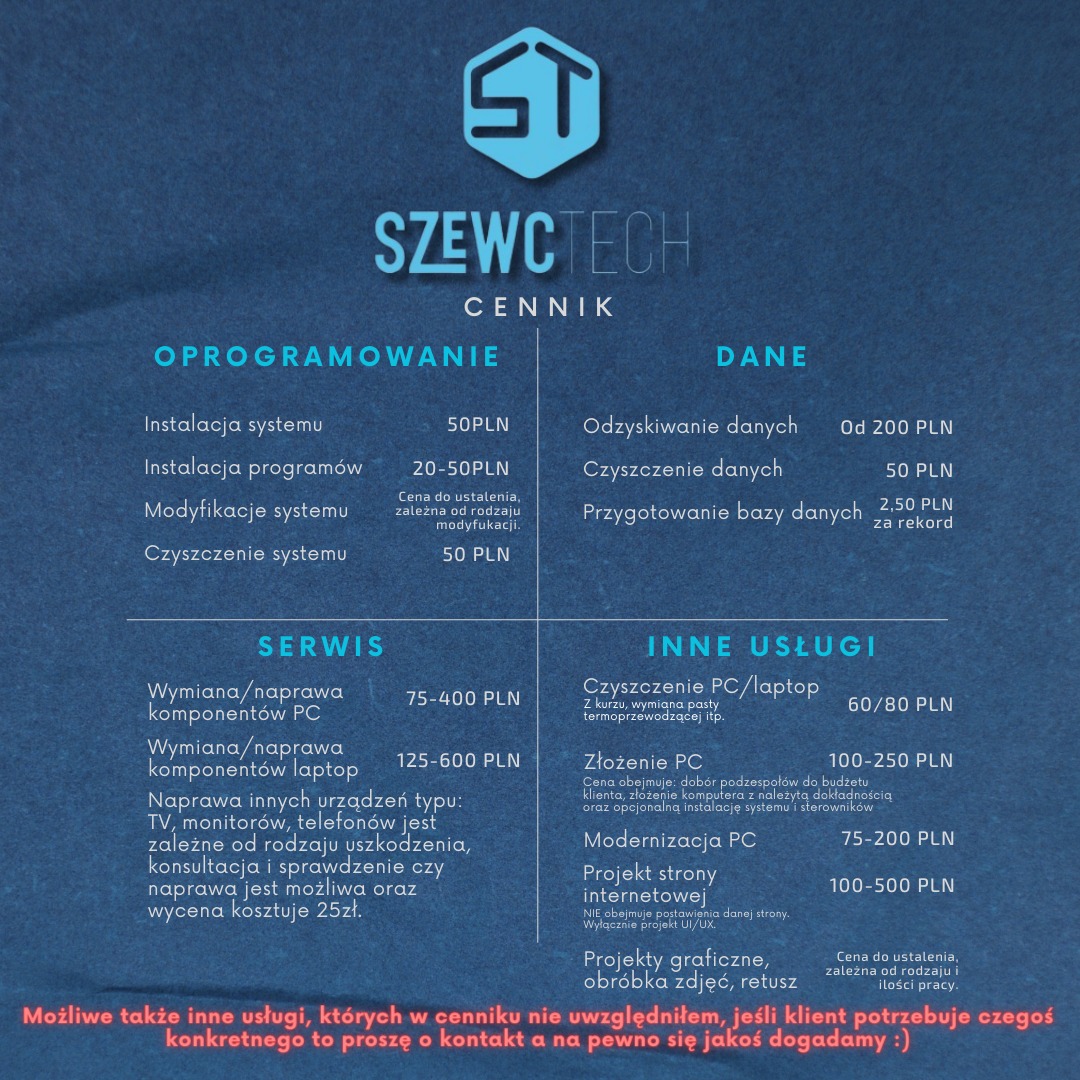 Cennik usług informatycznych firmy SzewcTech, obejmujący oprogramowanie, dane, serwis i inne usługi, z wyszczególnionymi cenami za instalację systemu, odzyskiwanie danych, naprawę komputerów...