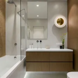 Nowoczesna łazienka z wanną, szklaną ścianką prysznicową, szafką pod umywalką z drewnianymi frontami i okrągłą lampą ścienną z elementami złota.