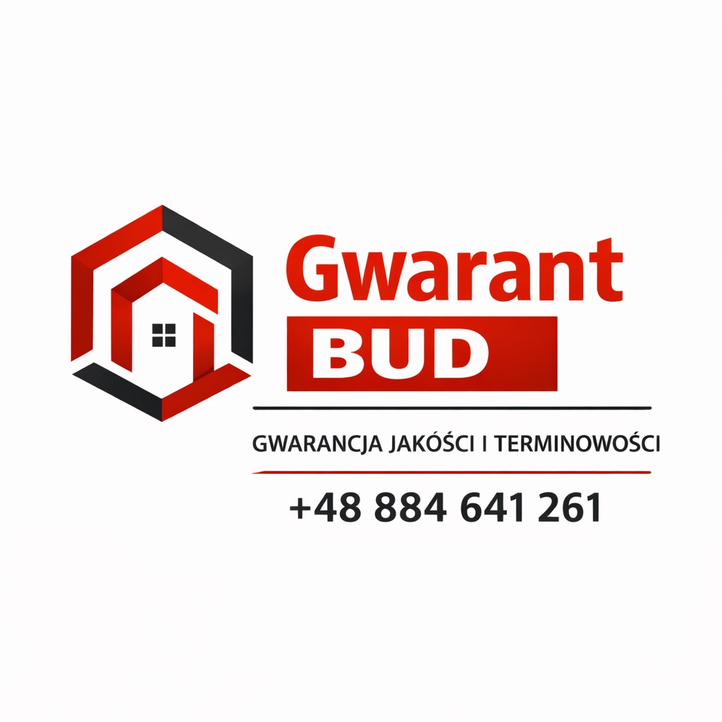 Logo firmy budowlanej Gwarant BUD z czerwono-czarnym symbolem domu w heksagonie, gwarancją jakości i numerem telefonu na białym tle.