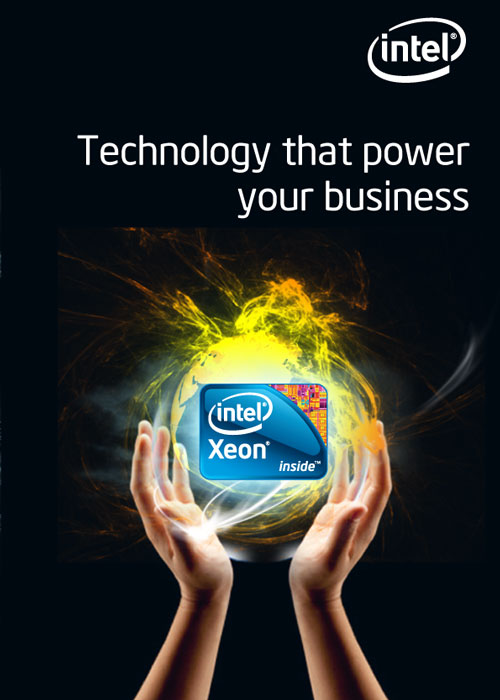 Grafika reklamowa procesora Intel Xeon z hasłem Technology that power your business, prezentowana na tle stylizowanego globu i dłoni.