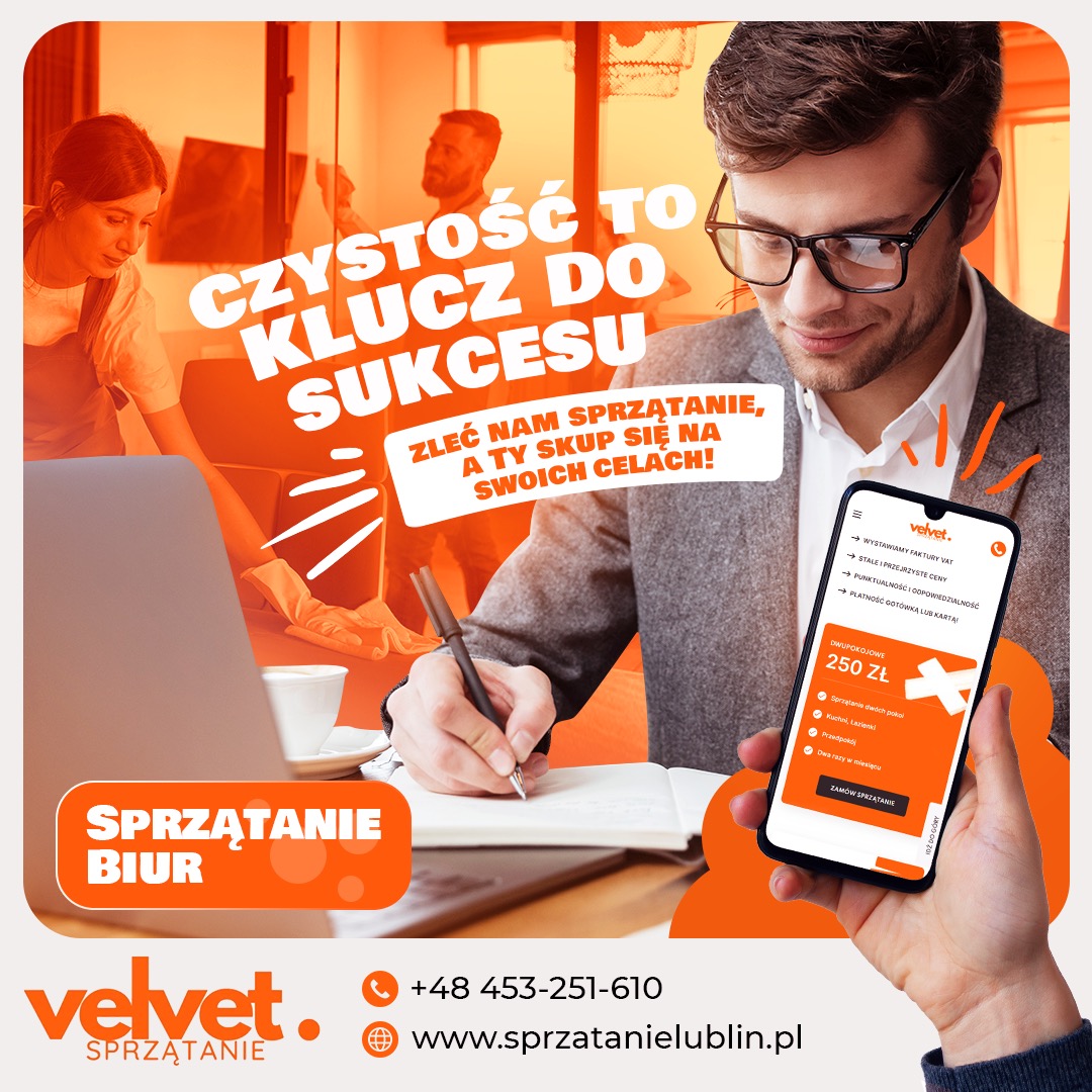 Mężczyzna w okularach podpisuje umowę, w tle kobieta sprząta biuro, na pierwszym planie telefon z ofertą sprzątania biur w Lublinie.