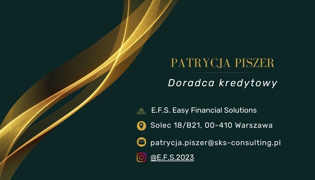 Wizytówka doradcy finansowego Patrycji Piszer z adresem, e-mailem i nazwą firmy E.F.S. Easy Financial Solutions, na ciemnozielonym tle z abstrakcyjnymi złotymi liniami.