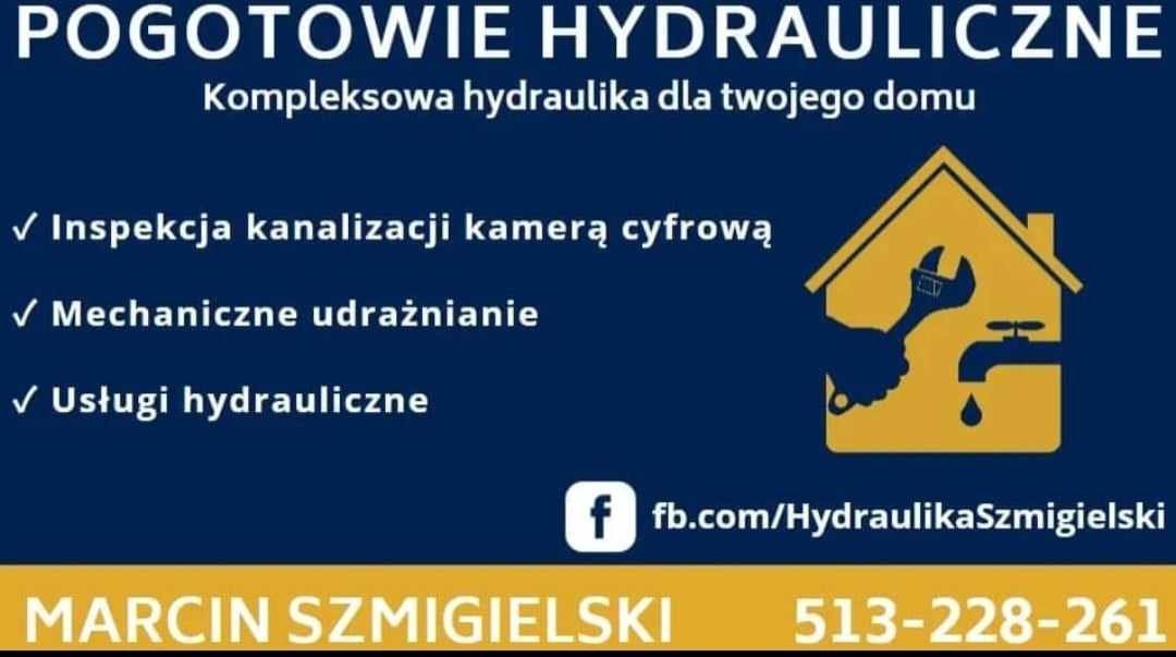 Grafika reklamowa pogotowia hydraulicznego: inspekcja kamerą, mechaniczne udrażnianie, usługi hydrauliczne, kontakt do Marcina Szmigielskiego.
