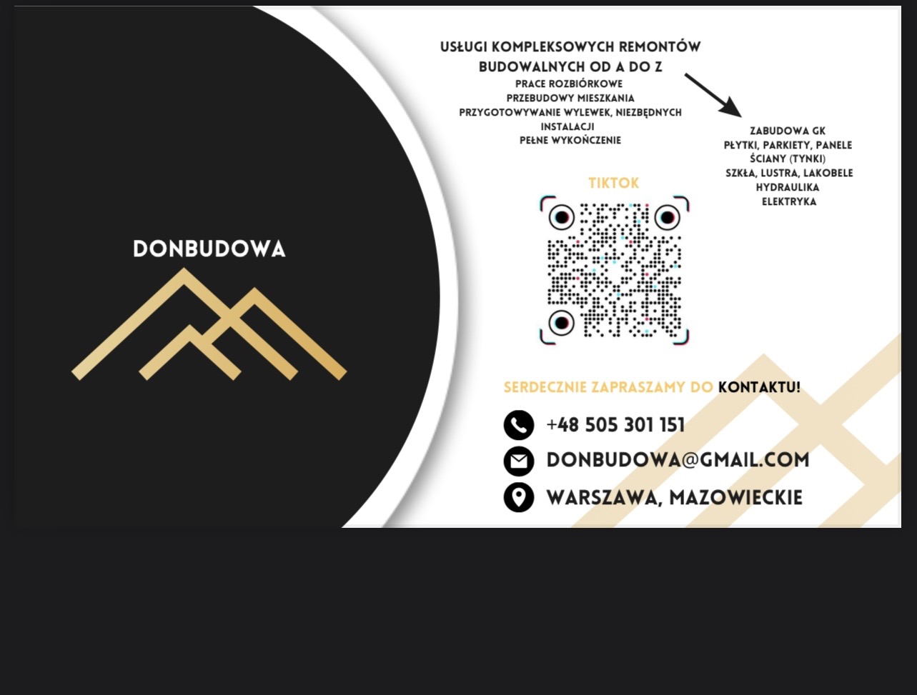 Wizytówka firmy budowlanej DONBUDOWA z logo przedstawiającym abstrakcyjne góry, oferującej kompleksowe remonty, wykończenia wnętrz, zabudowy GK, hydraulikę i elektrykę, z danymi kontaktowymi...
