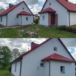 Wojciech Besser Zoom na Dom - Dom jednorodzinny po malowaniu elewacji na biało, z czerwonym dachem. Widoczne fragmenty przed i po renowacji, z farbami i narzędziami malarskimi w tle.