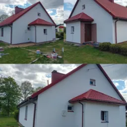Dom jednorodzinny po malowaniu elewacji na biało, z czerwonym dachem. Widoczne fragmenty przed i po renowacji, z farbami i narzędziami malarskimi w tle.