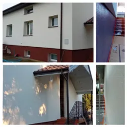 Czteropanelowe ujęcie elewacji domu po renowacji: biała g&oacute;ra, brązowy d&oacute;ł, widoczne detale wykończenia, schody, rynny i cień drzewa na ścianie.