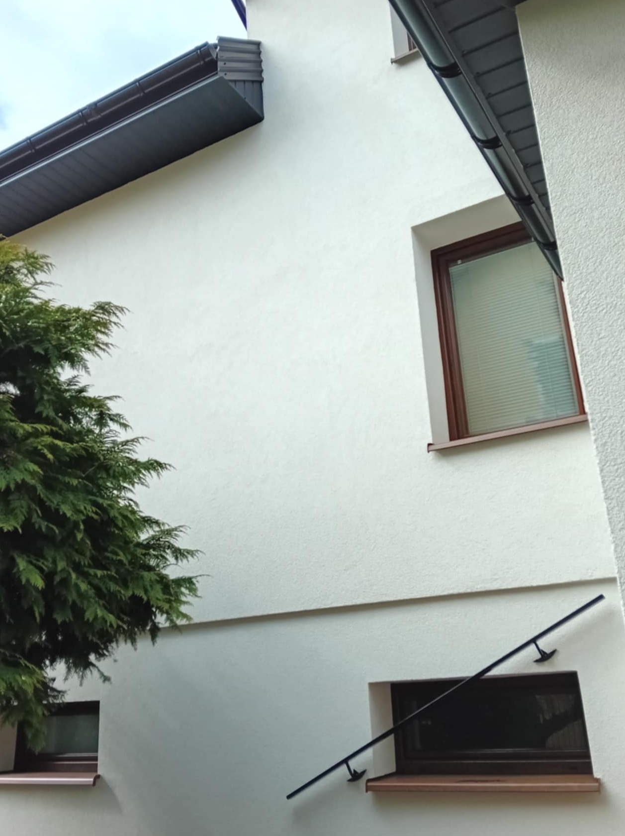 Biała elewacja budynku z widocznymi oknami z brązowymi ramami, ciemnoszarymi rynnami i fragmentem zielonego drzewa. Ujęcie z dołu, podkreślające fakturę ściany.