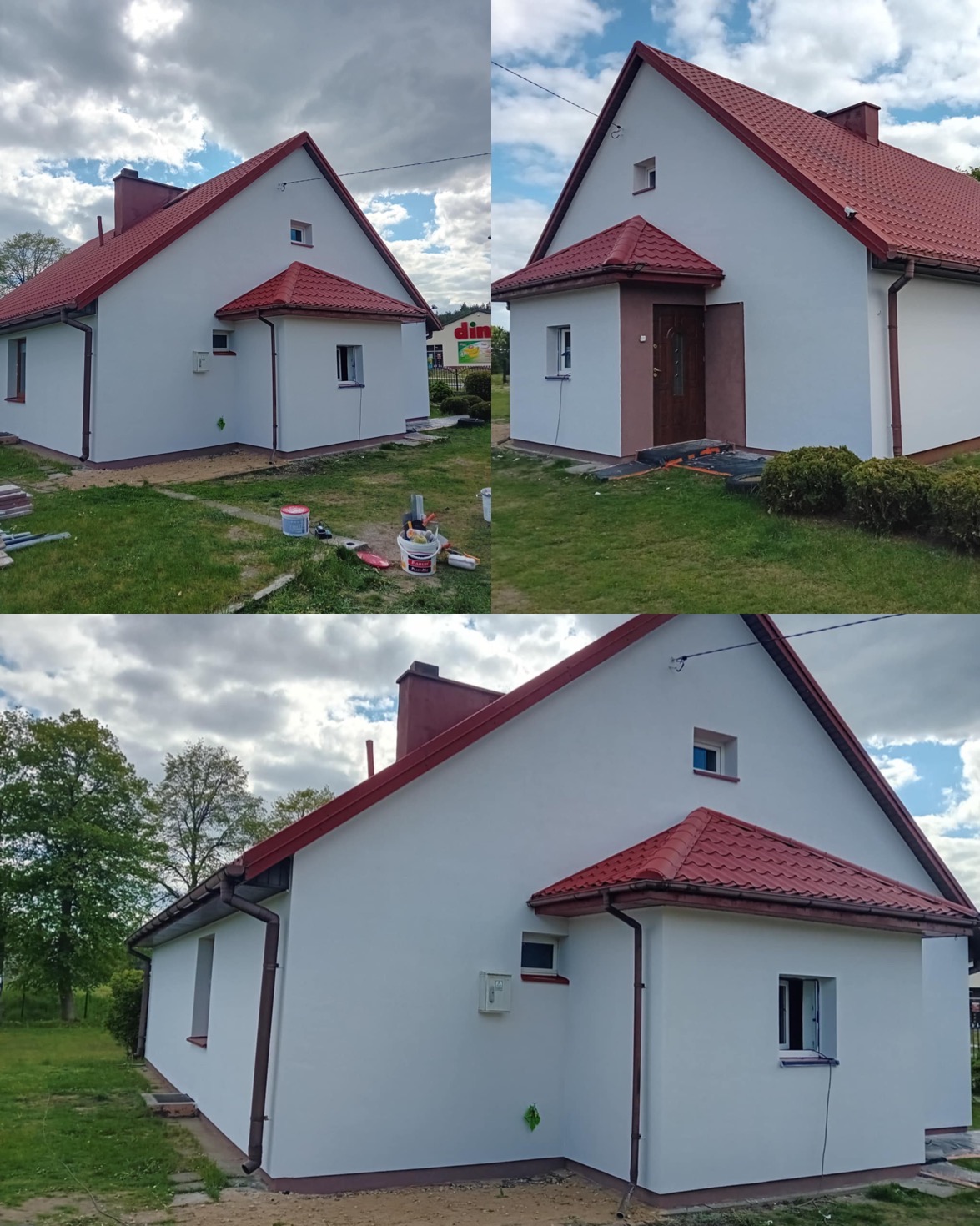 Dom jednorodzinny po malowaniu elewacji na biało, z czerwonym dachem. Widoczne fragmenty przed i po renowacji, z farbami i narzędziami malarskimi w tle.