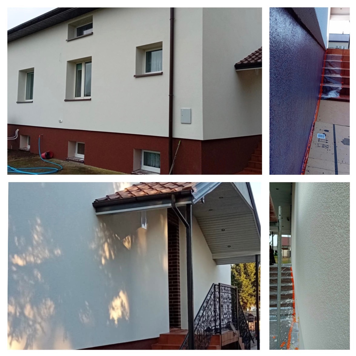 Czteropanelowe ujęcie elewacji domu po renowacji: biała góra, brązowy dół, widoczne detale wykończenia, schody, rynny i cień drzewa na ścianie.