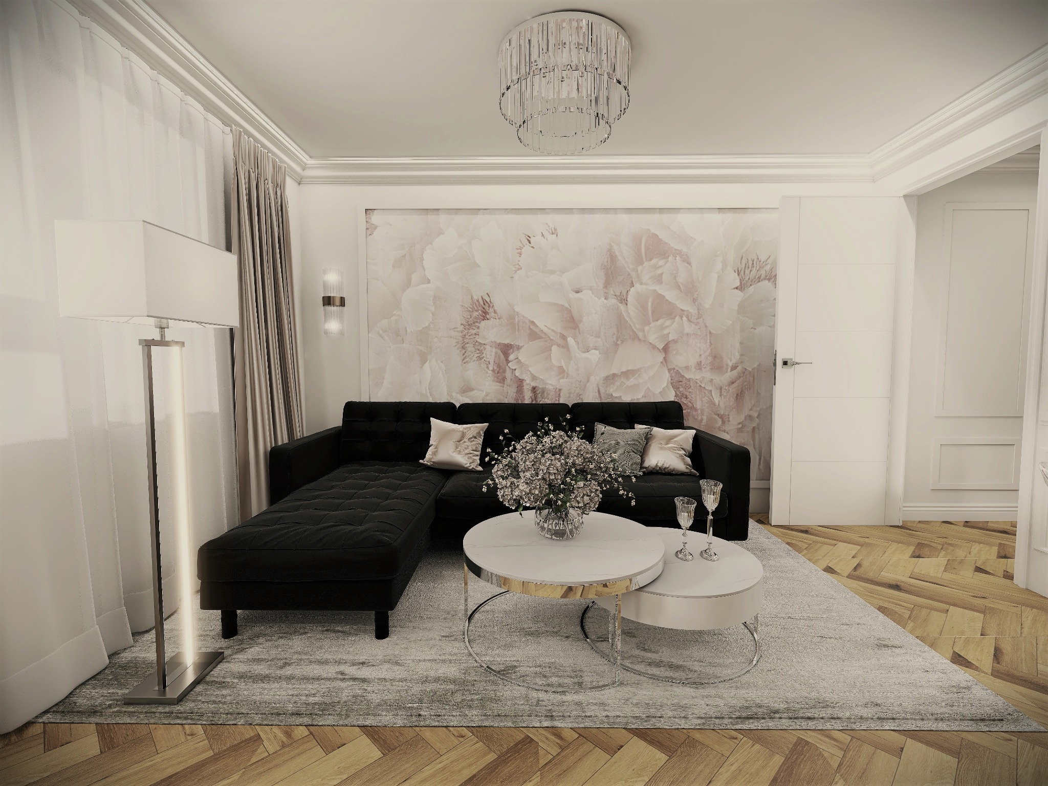 Elegancki salon z czarną sofą modułową, dwoma okrągłymi stolikami kawowymi z marmurowymi blatami i srebrnymi nogami, bukietem kwiatów w wazonie, dwoma kieliszkami do wina, lampą podłogową...