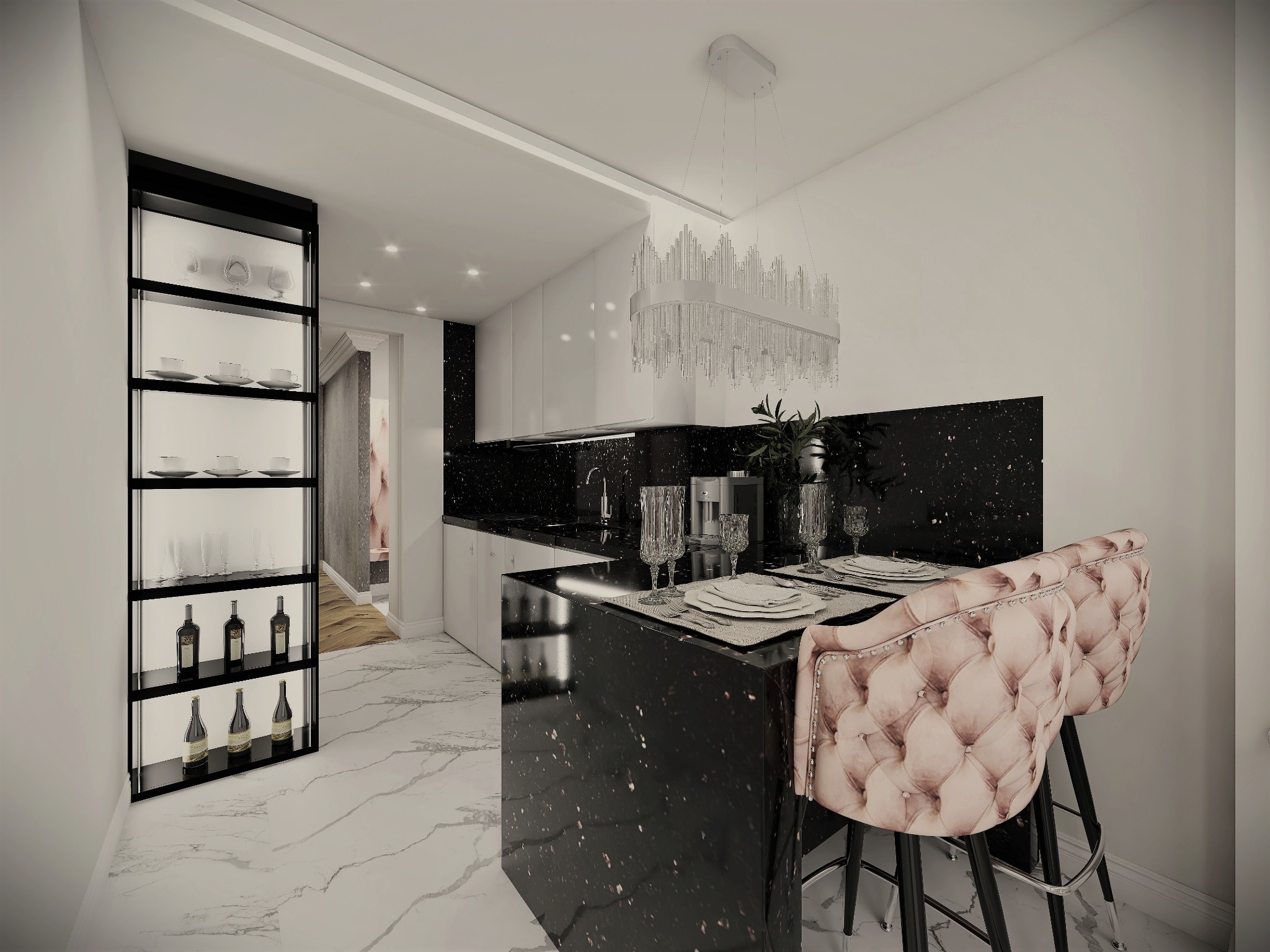 Wnętrze kuchni z czarnym blatem i marmurową podłogą; widoczne krzesła barowe z pikowanym obiciem, szklana witryna z zastawą i butelkami wina oraz kryształowy żyrandol.