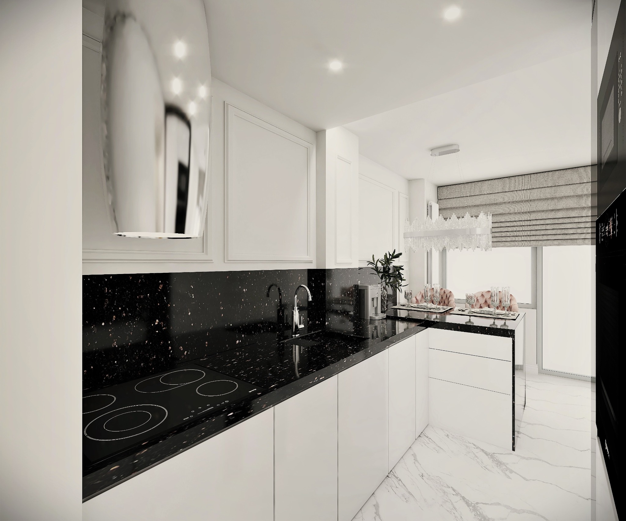 Nowoczesna kuchnia w bieli i czerni, z błyszczącym czarnym blatem z motywem gwiazd, chromowaną armaturą i minimalistycznym okapem, oświetlona dekoracyjnym żyrandolem. Na blacie ekspres do kawy...