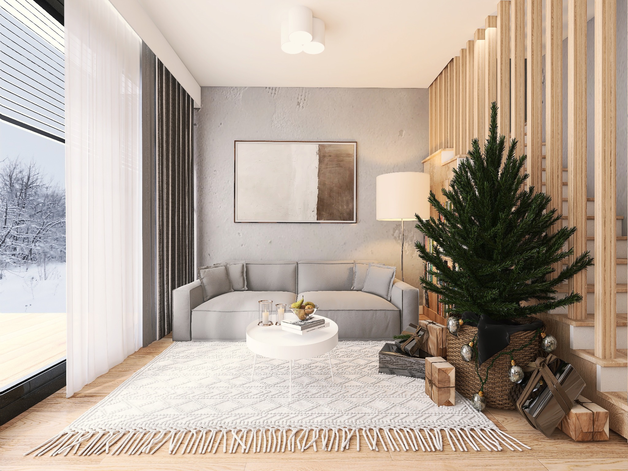 Jasny salon z szarą sofą, białym dywanem z frędzlami i choinką w koszu, oświetlony lampą podłogową i światłem dziennym z dużego okna.