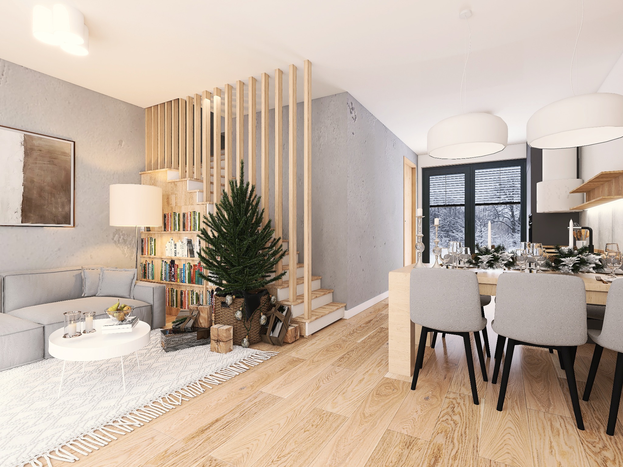 Jasne, przestronne wnętrze domu z drewnianą podłogą, schodami z ażurową balustradą, biblioteczką i choinką w salonie, oraz jadalnią z widokiem na zimowy krajobraz za oknem.