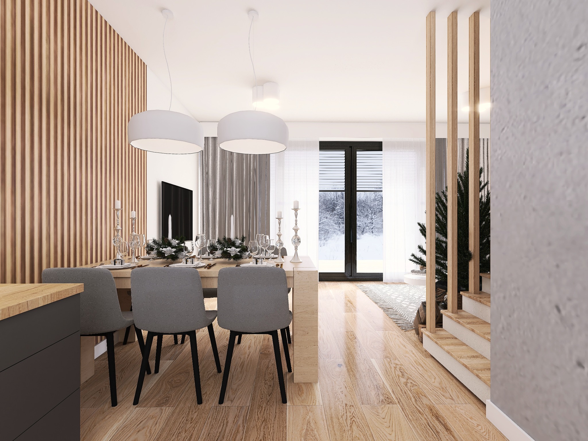 Jasna jadalnia z drewnianą podłogą i ścianą z paneli, stół nakryty do uroczystego obiadu, widok na zimowy krajobraz za oknem, minimalistyczne lampy wiszące.
